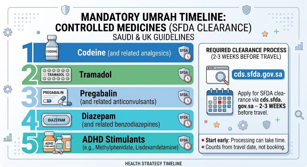 Controlled medicines need SFDA clearance – apply 2-3 weeks ahead.