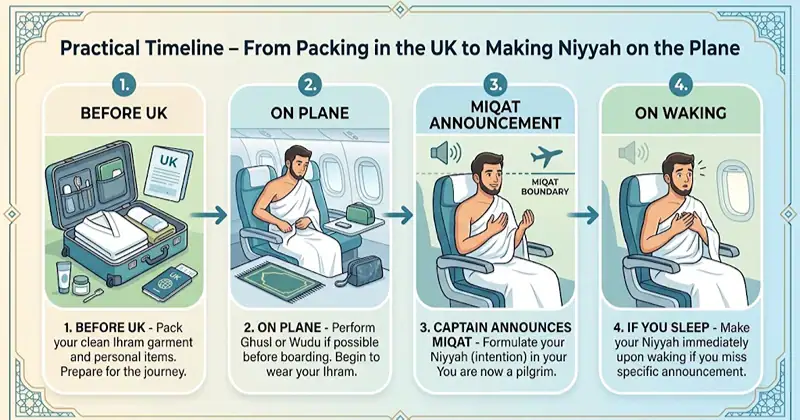 Infographic showing steps from packing to making Niyyah for Umrah.