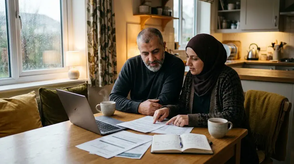 UK Muslim couple comparing Umrah package quotes at home before booking