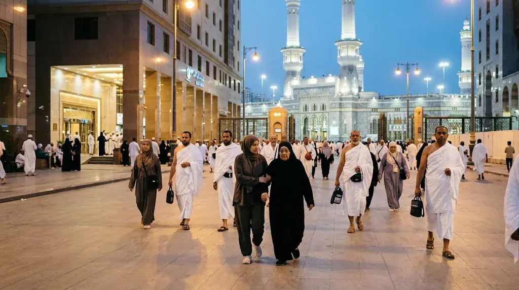 Pilgrims walking from a nearby hotel to Masjid al Haram before Fajr prayer